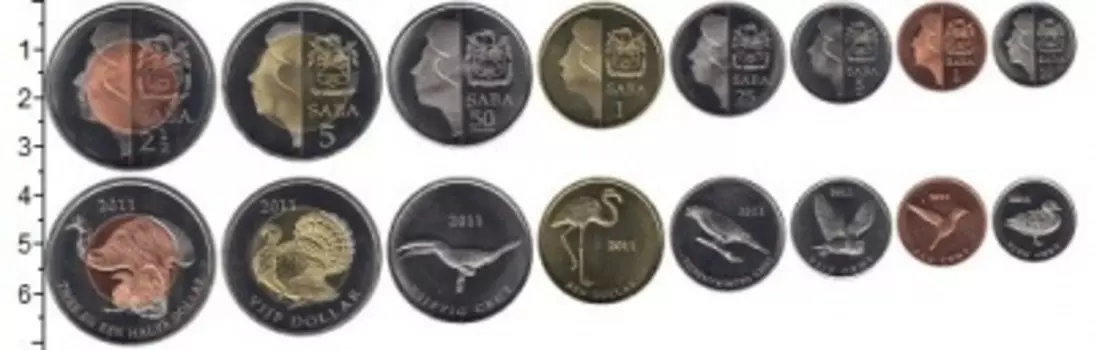 Набор монет Саба 2011 Сабы 2011 года В наборе 8 монет номиналом 1 цент, 5 центов, 10 центов, 25 центов, 50 центов, 1 доллар, 2 1/2 доллара, 5 долларов