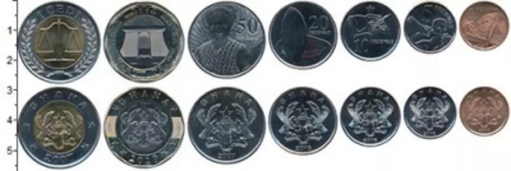Набор монет Набор 2007-2019 гг. Ганы 2007 года В наборе 7 монет номиналом от 1 песевы до 1 седи