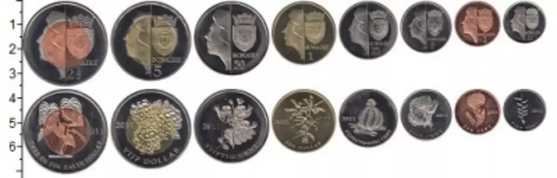 Набор монет Бонайре 2011 Бонайре 2011 года В наборе 8 монет номиналом 1 цент, 5 центов, 10 центов, 25 центов, 50 центов, 1 доллар, 2 1/2 доллара, 5 долларов