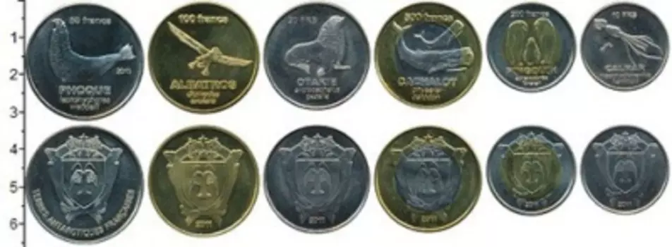Набор монет 20 долларов Антарктика - Французской территории 2011 года Биметалл В наборе 6 монет номиналом от 10 до 500 франков