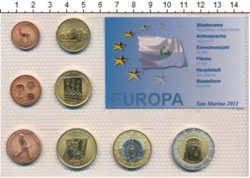 Набор монет Сан-Марино 2011 Сан-Марино 2011 года В наборе 8 монет номиналом 1,2,5,10,20,50серос, 1,2 ксерос