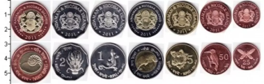 Набор монет Андаманские острова 2011 Андаманских островов 2011 года В наборе 7 монет номиналом 25 пайс, 50 пайс, 1 рупия, 2 рупии, 5 рупий, 10 рупий (биметалл), 20 рупий