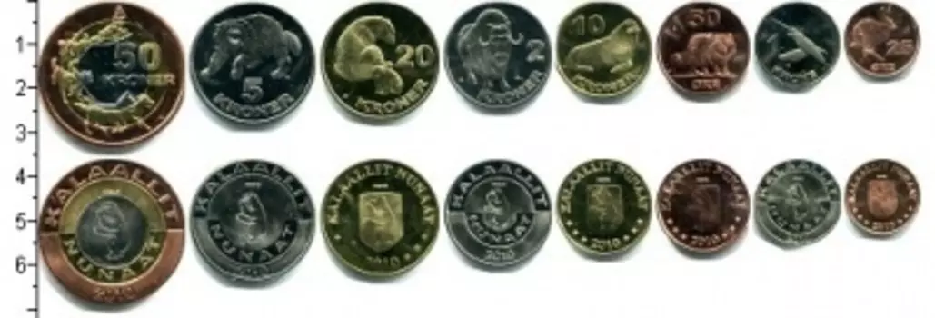 Набор монет Набор 2010 года Гренландии 2010 года В наборе 8 монет номиналом 25 эре, 50 эре, 1 крона, 2 кроны, 5 крон, 10 крон, 20 крон, 50 крон