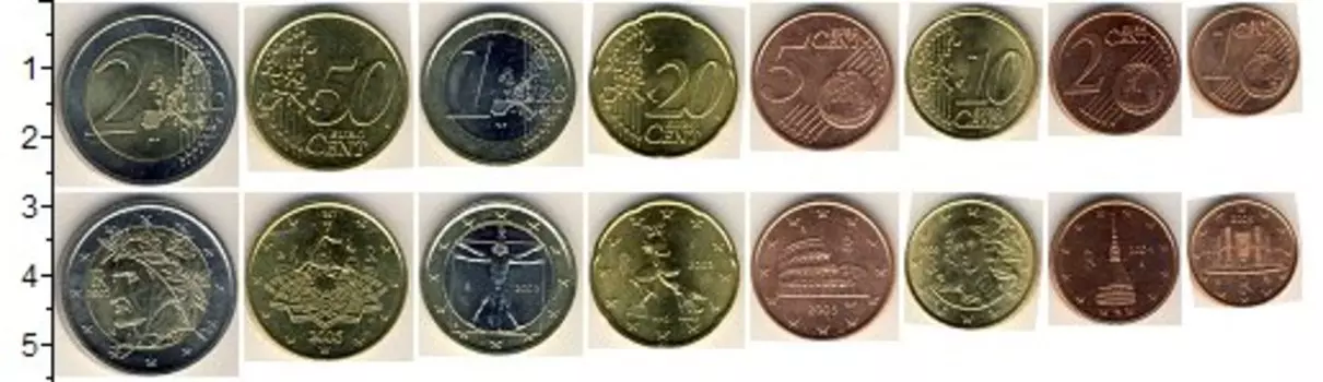 Набор монет Италия 2002-2011 Италии В наборе 8 монет номиналами 1 евроцент, 2 евроцента, 5 евроцентов, 10 евроцентов, 20 евроцентов, 50 евроцентов, 1 евро (биметалл), 2 евро (биметалл)