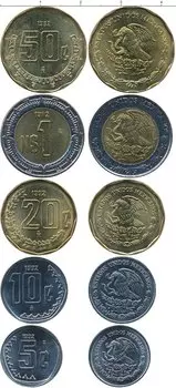 Набор монет Мексика 1992 Мексики 1992 года В наборе 5 монет номиналом 5 сентаво, 10 сентаво, 20 сентаво, 50 сентаво, 1 песо биметалл