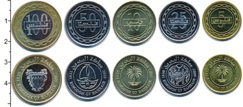 Набор монет Бахрейн 2010-2012 Бахрейна В наборе 5 монет номиналом 5 филс, 10 филс, 25 филс, 50 филс, 100 филс