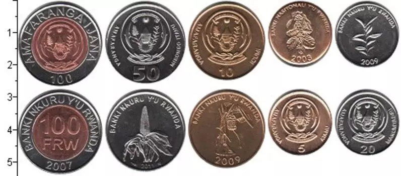 Набор монет Руанда 2007-2011 Руанды В наборе 5 монет номиналом: 5 франков, 10 франков, 20 франков, 50 франков, 100 франков
