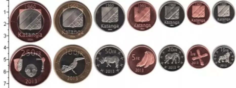 Набор монет Катанга 2013 Катанги 2013 года В наборе 7 монет номиналом: 1 франк, 5 франков, 10 франков, 20 франков, 50 франков, 100 франков(биметалл), 250 франков(биметалл)