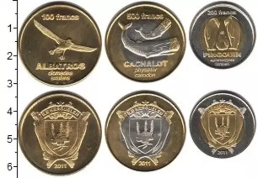 Набор монет Острова Кергелен 2011 Острова Кергелена 2011 года В наборе 3 монеты номиналом: 100 франков, 200 франков, 500 франков