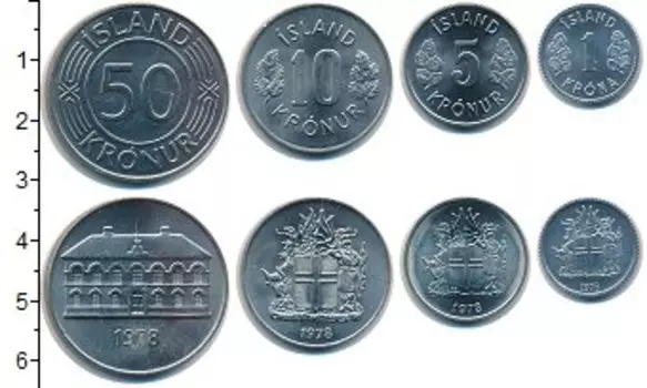 Набор монет Исландия 1978 Исландии 1978 года В наборе 4 монеты номиналом 1 крона, 5 крон, 10 крон, 50 крон