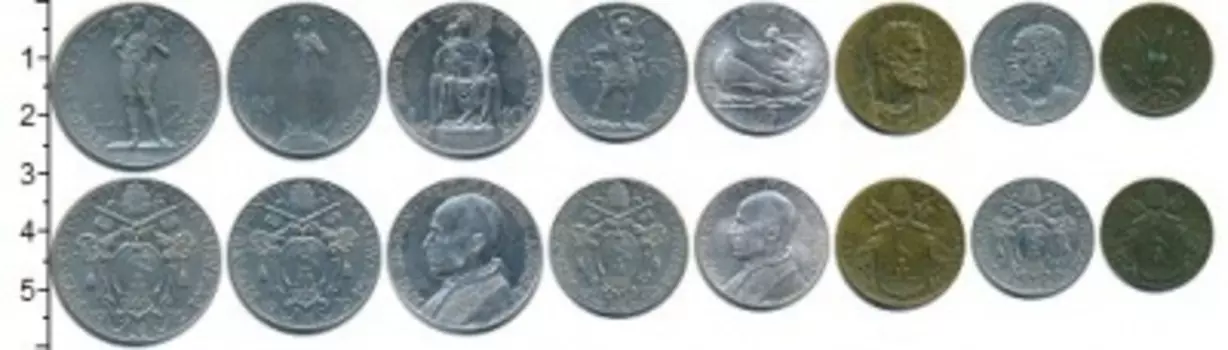 Набор монет Ватикан 1939 Ватикана 1939 года В наборе 8 монет номиналом 5, 10, 20 и 50 чентезимо, 1, 2, 5 и 10 лир