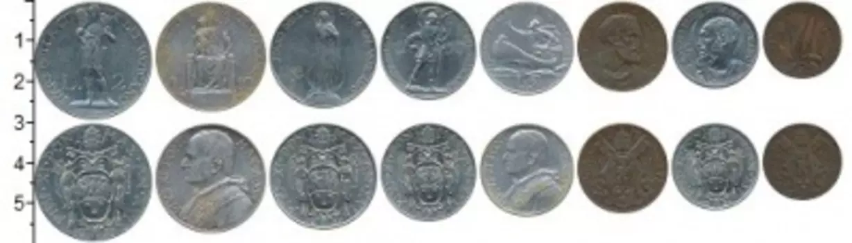Набор монет Ватикан 1937 г, Ватикана 1937 года В наборе 8 монет номиналом 5, 10, 20 и 50 чентезимо, 1, 2, 5 и 10 лир