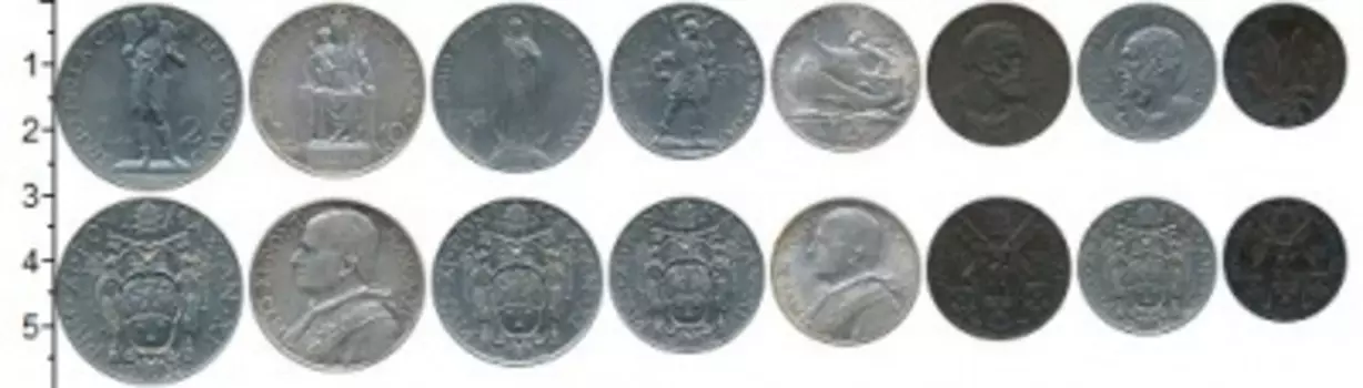 Набор монет Ватикан 1932 г, Ватикана 1932 года В наборе 8 монет номиналом 5, 10, 20 и 50 чентезимо, 1, 2, 5 и 10 лир