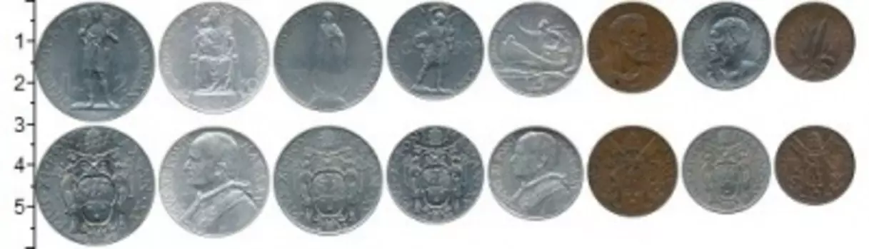Набор монет Ватикан 1936 г, Ватикана 1936 года В наборе 8 монет номиналом 5, 10, 20 и 50 чентезимо, 1, 2, 5 и 10 лир