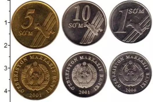 Набор монет Набор 2000-2001 гг Узбекистана 2000 года В наборе 3 монеты номиналом 1 сом (2000 г, сталь, покрытая никелем), 10 сом (2001 г, сталь, покрытая никелем), 5 сом (2001 г, латунь, покрытая никелем)