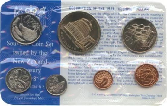 Набор монет Годовой набор 1978 года Новой Зеландии 1978 года В наборе 7 монет номиналом 1 цент, 2 цента, 5 центов, 10 центов, 20 центов, 50 центов, 1 доллар