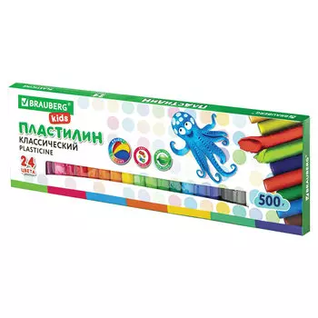 105874, Пластилин классический BRAUBERG KIDS, 24 цвета, 500 г, ВЫСШЕЕ КАЧЕСТВО, 105874