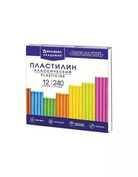 106423, Пластилин классический BRAUBERG АКАДЕМИЯ ХИТ, 12 цветов, 240 г, стек, ВЫСШЕЕ КАЧЕСТВО, 106423