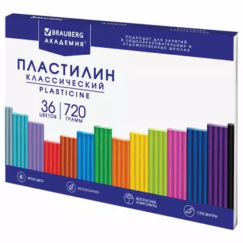 106425, Пластилин классический BRAUBERG "АКАДЕМИЯ КЛАССИЧЕСКАЯ", 36 цветов, 720 г, СТЕК, ВЫСШЕЕ КАЧЕСТВО, 106425