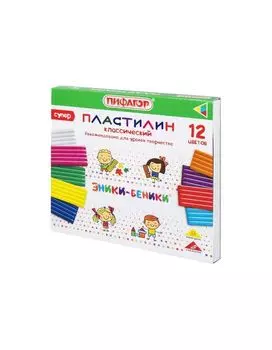 106429, Пластилин классический ПИФАГОР ЭНИКИ-БЕНИКИ СУПЕР, 12 цветов, 240 грамм, стек, 106429