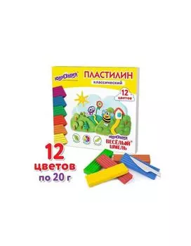 106431, Пластилин классический ЮНЛАНДИЯ ВЕСЁЛЫЙ ШМЕЛЬ, 12 цветов, 240 грамм, стек, ВЫСШЕЕ КАЧЕСТВО, 106431