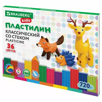 106438, Пластилин классический BRAUBERG KIDS, 36 цветов, 720 г, стек, ВЫСШЕЕ КАЧЕСТВО, 106438