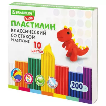 106504, (цена за 10 шт.) Пластилин классический BRAUBERG KIDS, 10 цветов, 200 г, со стеком, 106504