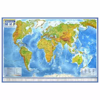 112377, Карта мира физическая 101х66 см, 1:29М, с ламинацией, интерактивная, европодвес, BRAUBERG, 112377