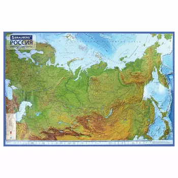 112393, Карта России физическая 116х80 см, 1:7,5М, с ламинацией, интерактивная, европодвес, BRAUBERG, 112393