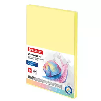 112446, Бумага цветная BRAUBERG, А4, 80 г/м2, 100 л., пастель, желтая, для офисной техники, 112446