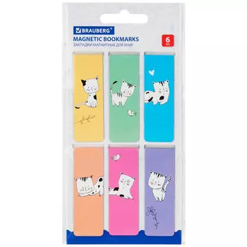 113159, (цена за 7 шт.) Закладки для книг МАГНИТНЫЕ, "CATS", набор 6 шт., 60x20 мм, BRAUBERG, 113159
