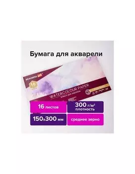 113218, Альбом для акварели, бумага 300 г/м2, 150х300 мм, среднее зерно, 16 листов, склейка, BRAUBERG ART PREMIERE, 113218