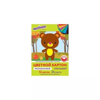 113551, Картон цветной А4 МЕЛОВАННЫЙ EXTRA, 24 листа 12 цветов, в папке, ЮНЛАНДИЯ, 200х290мм, 113551