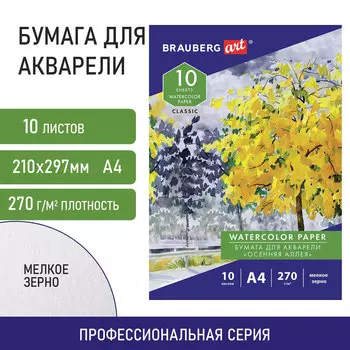 114397, (цена за 5 шт.) Папка для акварели А4, 10л., 270 г/м2, мелкое зерно, BRAUBERG ART CLASSIC, "Осенняя аллея", 114397