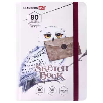 114581, Скетчбук, белая бумага 80 г/м2, 145х203 мм, 80 л., резинка, твердый, BRAUBERG ART DEBUT "Хогвартс", 114581