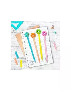 143799, Ручка с топпером шариковая масляная ЮНЛАНДИЯ Пончик, корпус ассорти, СИНЯЯ, пишущий узел 0,7 мм, 143799