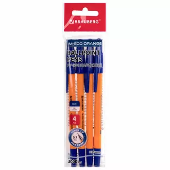 143950, (цена за 12 шт.) Ручки шариковые BRAUBERG "M-500 ORANGE", НАБОР 4 шт., СИНИЕ, узел 0,7 мм, линия письма 0,35 мм, 143950