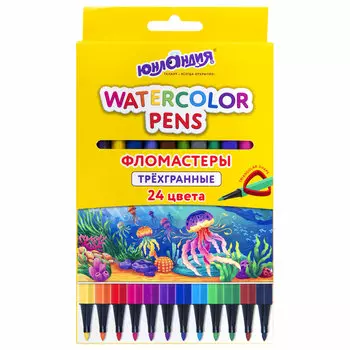 152183, Фломастеры ЮНЛАНДИЯ "ВОДНЫЙ МИР", 24 цвета, трехгранные, вентилируемый колпачок, картон, 152183