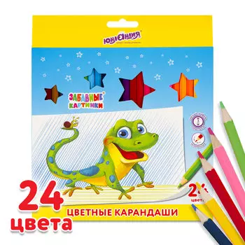 181645, Карандаши цветные мягкие ЮНЛАНДИЯ "ЗАБАВНЫЕ КАРТИНКИ", 24 цвета, классические, заточенные, 181645