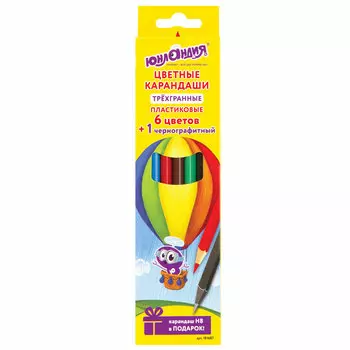 181687, (цена за 12 шт.) Карандаши цветные ЮНЛАНДИЯ "ВОЗДУШНЫЙ ШАР", 6 цветов + 1 чернографитный, пластиковые, трехгранные, 181687