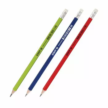 181744, (цена за 72 шт.) Карандаш чернографитный STAFF "Basic" BLP-744, 1 шт., НВ, с ластиком, пластик, корпус ассорти, 181744