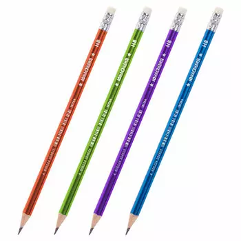 181764, (цена за 45 шт.) Карандаш чернографитный ЮНЛАНДИЯ "МЕТАЛЛИК", 1 шт., HB, с ластиком, корпус ассорти, 181764