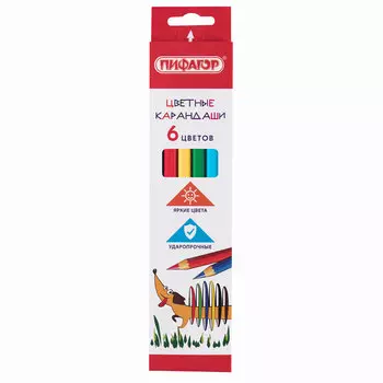 181805, (цена за 24 шт.) Карандаши цветные ПИФАГОР "Веселая такса", 6 цветов, классические, заточенные, 181805