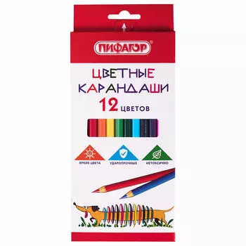 181806, (цена за 12 шт.) Карандаши цветные ПИФАГОР "Веселая такса", 12 цветов, классические, заточенные, 181806