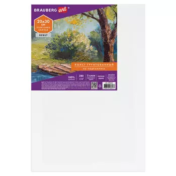 191641, Холст на подрамнике BRAUBERG ART DEBUT, 20х30см, 280 г/м2, грунт, 100% хлопок, мелкое зерно, 191641