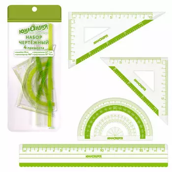 210740, (цена за 12 шт.) Набор чертежный ЮНЛАНДИЯ "ГЕОМЕТРИЯ" (линейка 18 см, 2 треугольника, транспортир), зеленая шкала, 210740