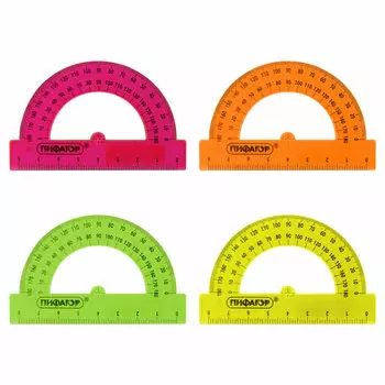 210792, (цена за 20 шт.) Транспортир 8 см, 180 градусов, ПИФАГОР, прозрачный, неоновый, ассорти, 210792