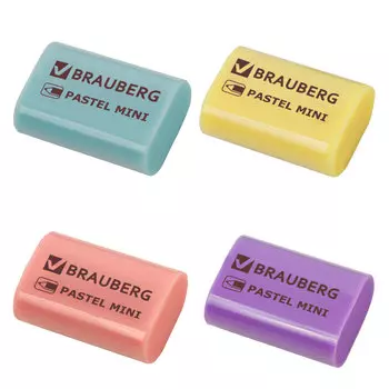 229581, (цена за 48 шт.) Ластик BRAUBERG "Pastel Mini", 27х18х10 мм, ассорти пастельных цветов, экологичный ПВХ, 229581