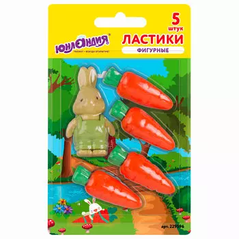 229596, (цена за 12 шт.) Набор ластиков фигурных ЮНЛАНДИЯ "Зайчик и урожай", 5 шт., ассорти, 229596