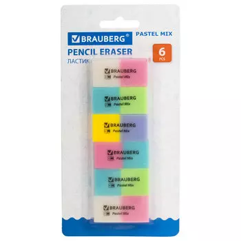 229597, Набор ластиков BRAUBERG "Pastel Mix", 6 шт., цвета ассорти, 44х21х10 мм, экологичный ПВХ, 229597